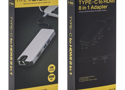 8 in 1 Type-C to HDMI + USB 3.0 + USB 3.0 + Type-C + LAN + VGA + TF/SD Card Reader Adapter