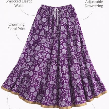 Blackfever Purple Floral Tiered Cotton Maxi Skirt with Gold Border-  Free Size