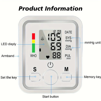 Upper Arm Automatic Blood Pressure Monitor BP Sphygmomanometer Pressure Meter Tonometer for Measuring Arterial Pressure