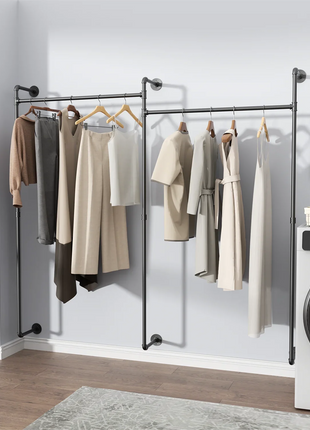 80.7 Inch Long Industrial Pipe Clothes Rack Double Clothes Rail Loft Residential Tidy Wardrobe Wall Clothing Hanging Rack