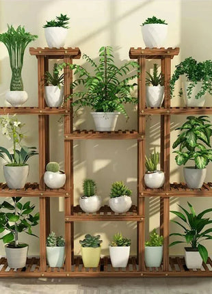 11 Tier Wood Plant Stand Carbonized High Widen Pot Display Shelf Holder Flower Shop Office Garden Indoor Outdoor Decor