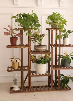 11 Tier Wood Plant Stand Carbonized High Widen Pot Display Shelf Holder Flower Shop Office Garden Indoor Outdoor Decor