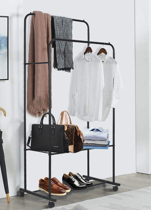 1.5m Large Clothes Rack Double Rail Rolling Stand Shoes Rack Storage Shelf White