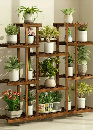 11 Tier Wood Plant Stand Carbonized High Widen Pot Display Shelf Holder Flower Shop Office Garden Indoor Outdoor Decor