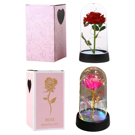 Artificial Rose Flowers Eternal Rose LED Light Foil Flower in Glass Cover