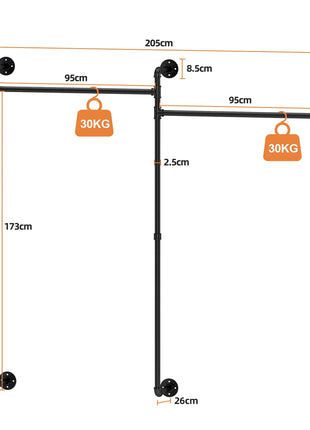 80.7 Inch Long Industrial Pipe Clothes Rack Double Clothes Rail Loft Residential Tidy Wardrobe Wall Clothing Hanging Rack