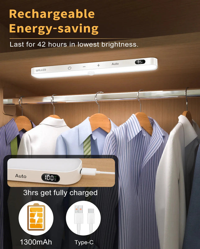 Motion Sensor Cabinet Light Battery Display 60 LED Touch Light Bar Wireless Rechargeable