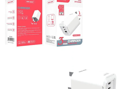 65W 3-in-1 Foldable Fast Charger – Dual USB-C & USB-A Adapter Plug