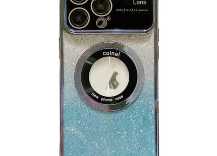 For iPhone 15 Pro Max Large Window MagSafe Gradient Glitter Electroplating TPU Phone Case(Blue)