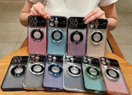 For iPhone 15 Pro Max Large Window MagSafe Gradient Glitter Electroplating TPU Phone Case(Blue)