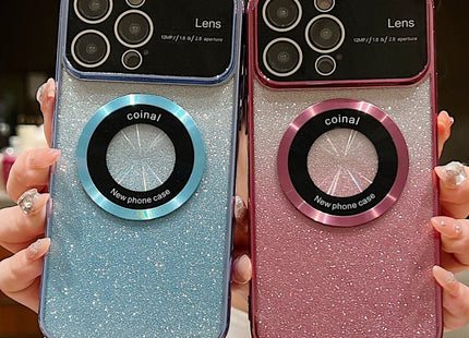 For iPhone 15 Pro Max Large Window MagSafe Gradient Glitter Electroplating TPU Phone Case(Blue)