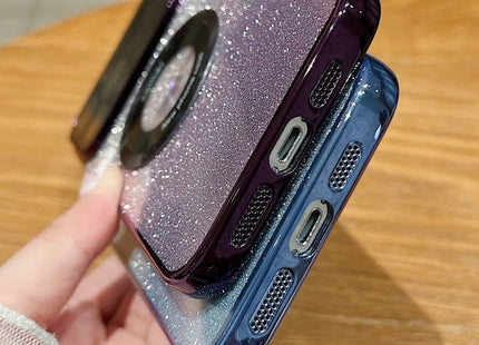 For iPhone 15 Pro Max Large Window MagSafe Gradient Glitter Electroplating TPU Phone Case(Blue)