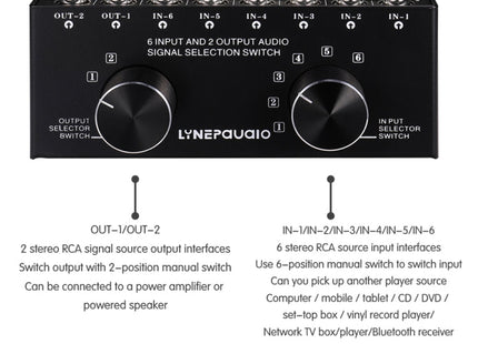 B026 6 Input 2 Output Or 2 Input 6 Output Audio Signal Source Selection Switcher RCA Port