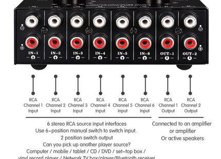 B026 6 Input 2 Output Or 2 Input 6 Output Audio Signal Source Selection Switcher RCA Port