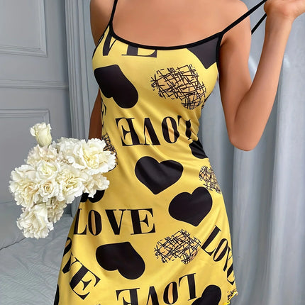 Women Summer Camisole Nightgown Backless Heart LOVE Print Soft Breathable Sleepwear Ruffle Hem Round Neck Night Dress