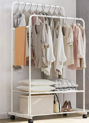1.5m Large Clothes Rack Double Rail Rolling Stand Shoes Rack Storage Shelf White
