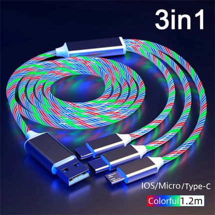 NNBILI Glowing LED Light USB 3 IN 1 cable Phone Fast Charging Charger Luminous Type C Cable For Xiaomi iPhone Phone Accessories
