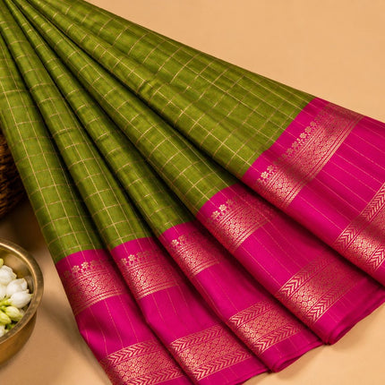 Olive Green Soft Silk Saree with Pink Zari Border