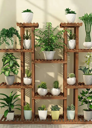 11 Tier Wood Plant Stand Carbonized High Widen Pot Display Shelf Holder Flower Shop Office Garden Indoor Outdoor Decor