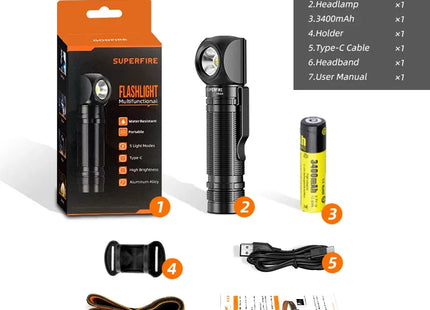 New SUPERFIRE TH04 LED Headlamp Type C Rechargeable 90° Headlight 18650 Flashlight with Indicator Magnet Tail, Head Flashlight