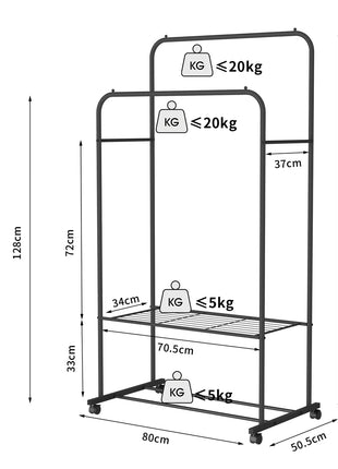 1.5m Large Clothes Rack Double Rail Rolling Stand Shoes Rack Storage Shelf White