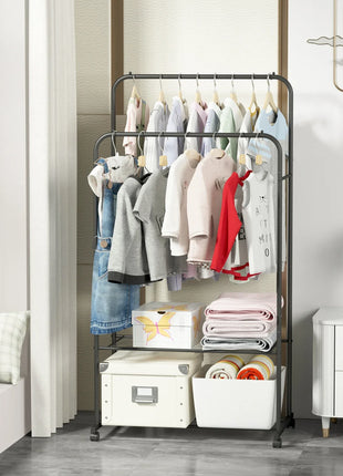 1.5m Large Clothes Rack Double Rail Rolling Stand Shoes Rack Storage Shelf White