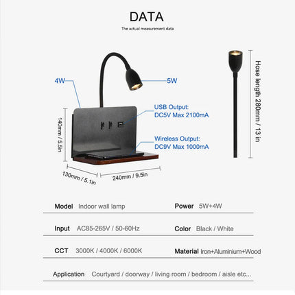 Indoor LED Wall Lamp With USB Interface And Wireless Charging 360° Rotatable