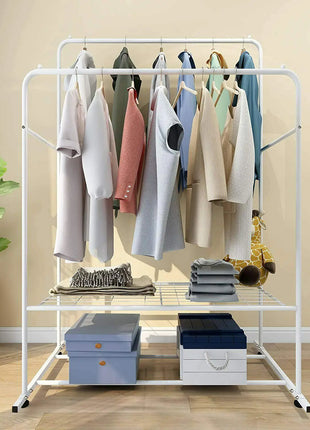 1.5m Large Clothes Rack Double Rail Rolling Stand Shoes Rack Storage Shelf White