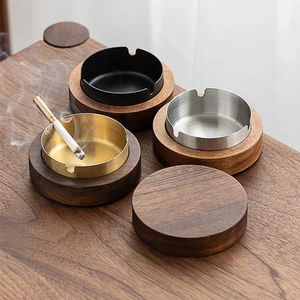 New Creative Ashtrays With Lid Walnut Wood