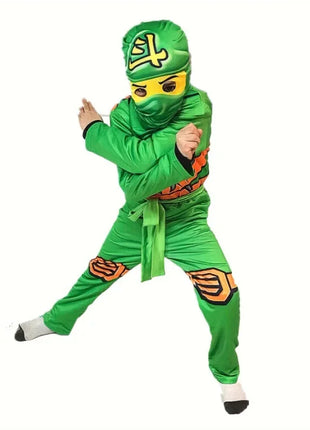 Boys Japanese Ninja Costume with Cartoon Anime Print Red Jumpsuit, Mask and Ninja Fork Accessory Set Halloween Dress Up Party