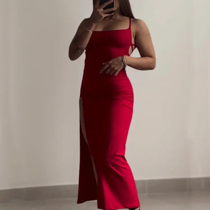 Red Lace-Up Back High Split Maxi Dress – Bodycon Summer Evening Dress