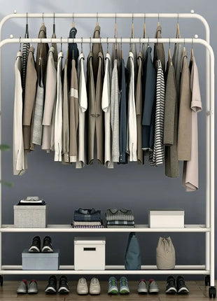 1.5m Large Clothes Rack Double Rail Rolling Stand Shoes Rack Storage Shelf White