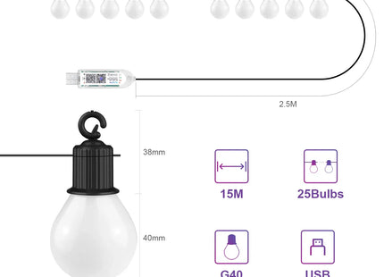 Smart G40 LED Bulb String 15M/30M 25/50 Bulbs Decor Light