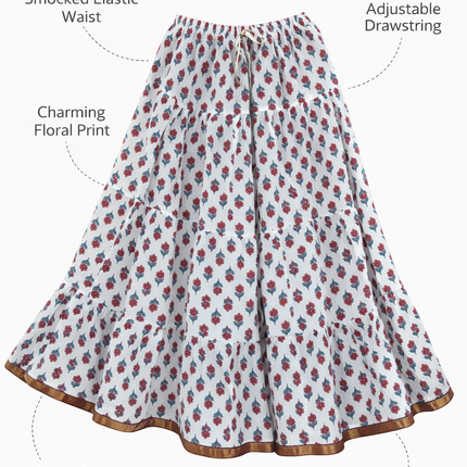 Blackfever White Floral Printed Tiered Cotton Maxi Skirt – Boho Free Size with Gold Border – Free Size