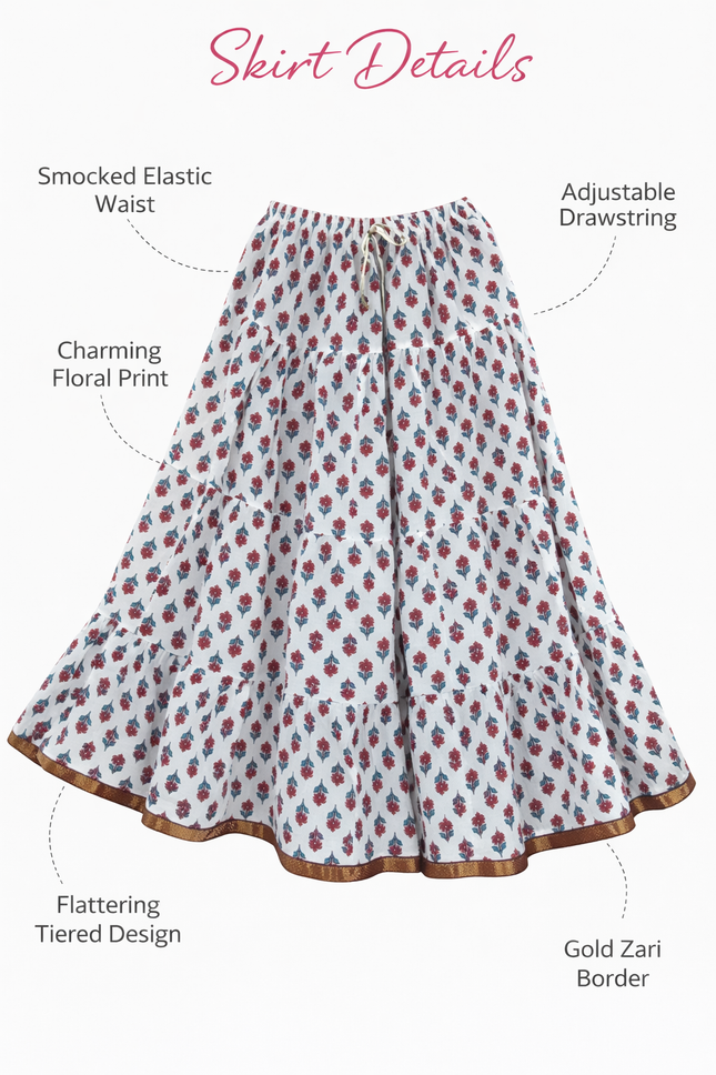 Blackfever White Floral Printed Tiered Cotton Maxi Skirt – Boho Free Size with Gold Border – Free Size