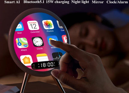 Smart Bluetooth Speaker Mirror Alarm Clock LED Night Light Wireless Charger
