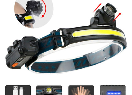 W678-2 Zoom XPG + COB Sensor Headlight Flashlight 6 Lighting Modes Rechargeable Head Lamp