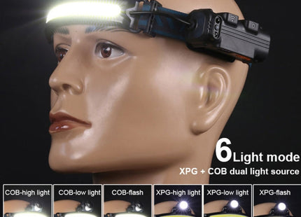 W678-2 Zoom XPG + COB Sensor Headlight Flashlight 6 Lighting Modes Rechargeable Head Lamp