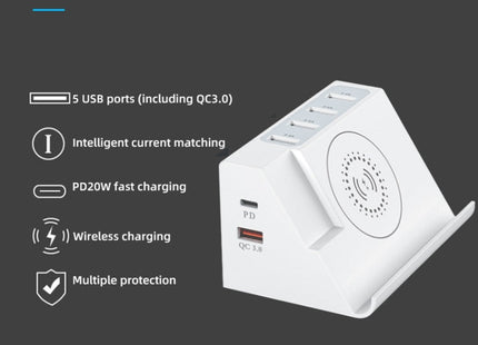 PD 20W +QC 3.0 Wireless Charging+6 Ports Multi-function Charger(EU Plug)