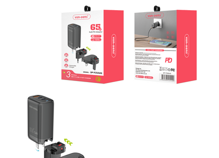 65W GaN Charger USB & Type-C 3 in 1 Multi Port Charger Folding Plug Detachable Charger SP-TC92UG