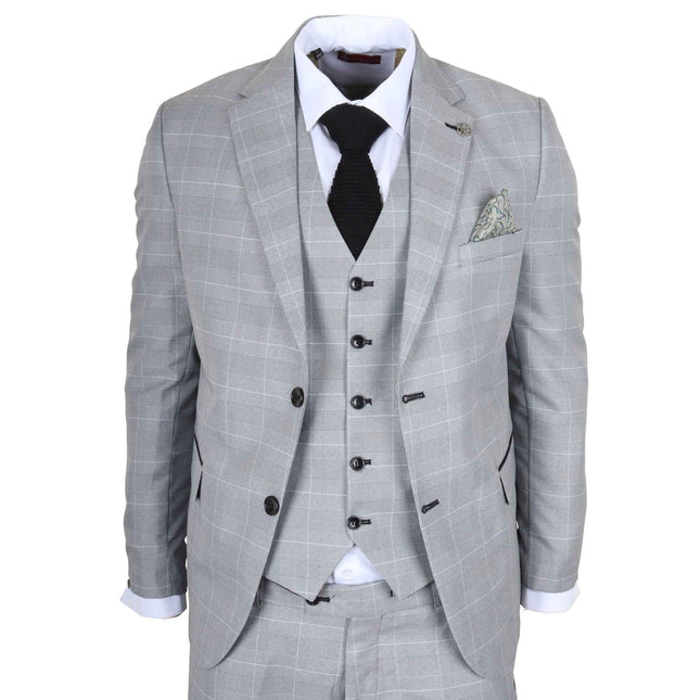 IM53 - Men's Grey Check 3 Piece Tailored Fit Suit