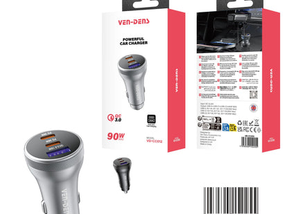 Dual USB C + USB A 3 Port 90W Fast in Car Charger VD-CC012