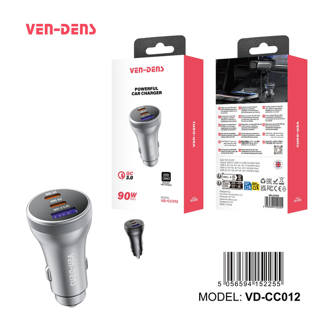 Dual USB C + USB A 3 Port 90W Fast in Car Charger VD-CC012