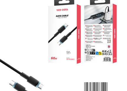 USB C to USB C 60W TPE Braided Black Fast Data Charging Cable VD-DC09CC