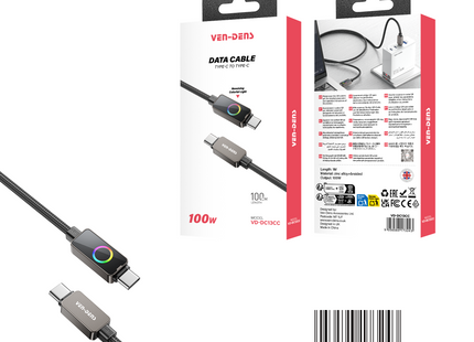 USB C to USB C 100W Zinc Alloy Braided Black RGB Fast Data Charging Cable VD-DC13CC