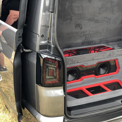 For VW T5 Transporter MK3.1 Tailgate LED Rear Lights Smoked Full Frame Light Bar Upgrade – Van-X