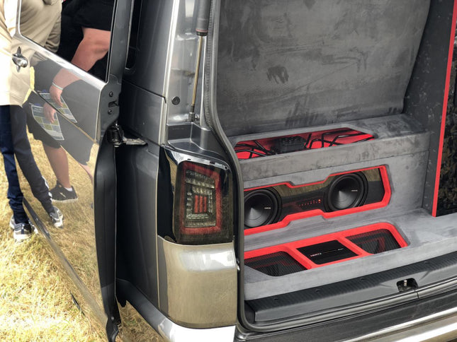 For VW T5 Transporter MK3.1 Tailgate LED Rear Lights Smoked Full Frame Light Bar Upgrade – Van-X