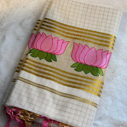 Elegant Lotus Bloom Kerala Kasavu Saree