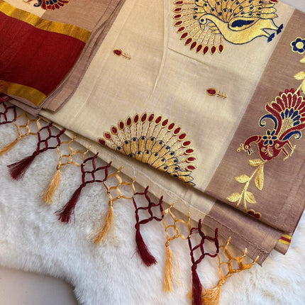 Royal Peacock Embroidered Kerala Saree