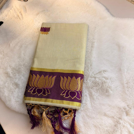Golden Lotus Kerala Kasavu Saree – Royal Purple Edition